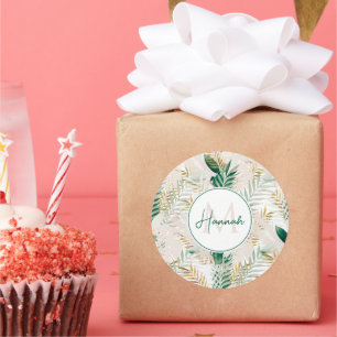 Sticker Rond Été Tropical Green Gold Palm Foliage Verdure