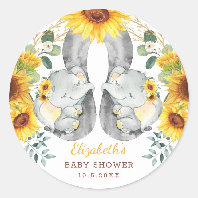 Sticker Rond Été Twin Elephant Baby Baby shower de tournesol (Devant)