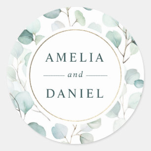Sticker Rond Ethereal Eucalyptus Gold Frame Mariage
