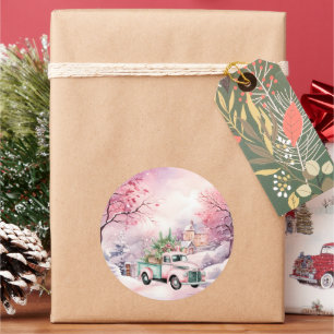 Sticker Rond Ethereal Pastel Vintage Pink and Green Truck