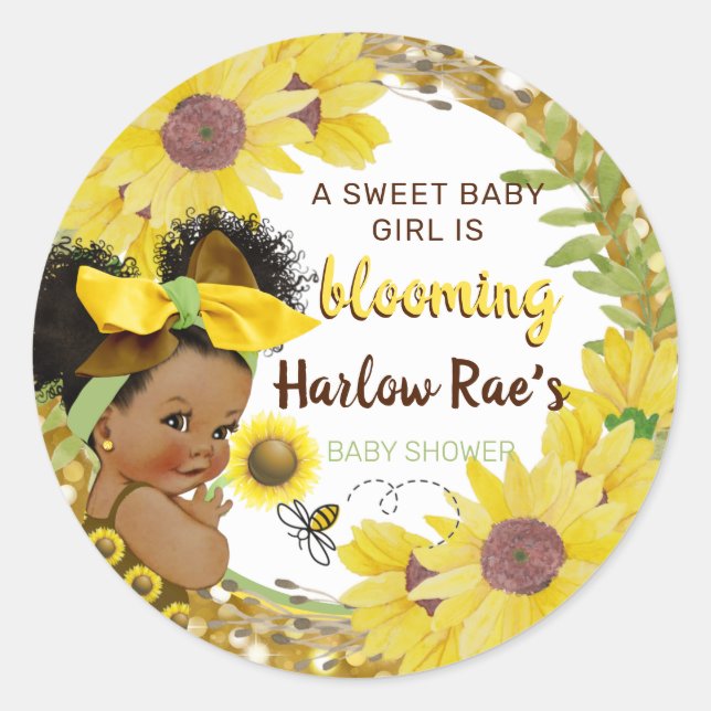Sticker Rond Ethnic Baby Girl | Yellow Sunflower Gold Parties s (Devant)