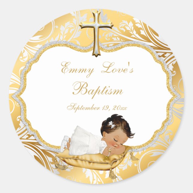 Sticker Rond Ethnique Baby Girl Baptism Gold Cross (Devant)