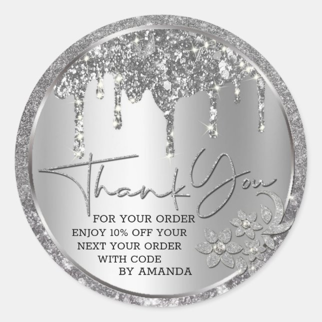 Sticker Rond Étincelle Merci Argent Pailleté qui Dégoutte (Devant)