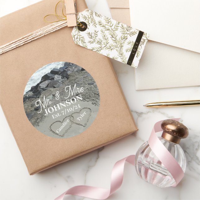 Sticker Rond Étiquettes - Deux Coeurs Dans Le Sabl (Cadeaux)