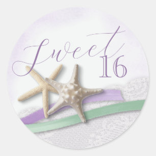 Sticker Rond Étoile de mer Ruban Lavande et Menthe Sweet 16