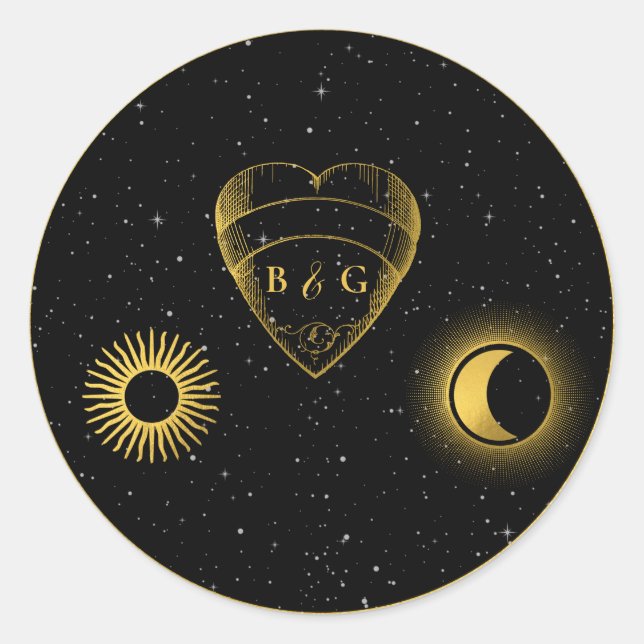 Sticker Rond Étoiles célestes Crescent Lune Mariage d'or noir (Devant)