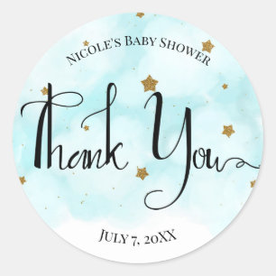 Sticker Rond Etoiles d'or et Baby shower de nuages de ciel bleu