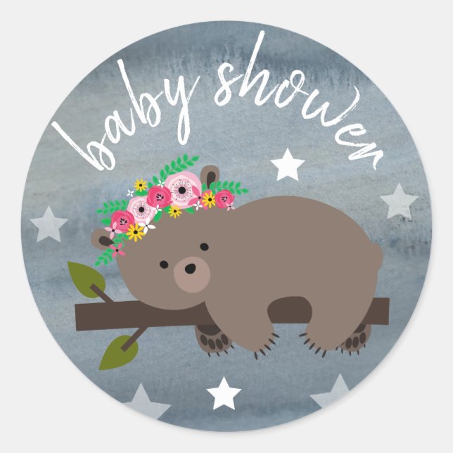 Sticker Rond Etoiles d'ours couché Aquarelle Baby shower fille (Devant)