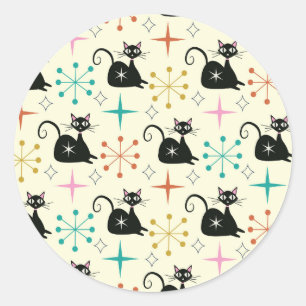 Sticker Rond Étoiles du milieu du siècle avec chat atomique noi