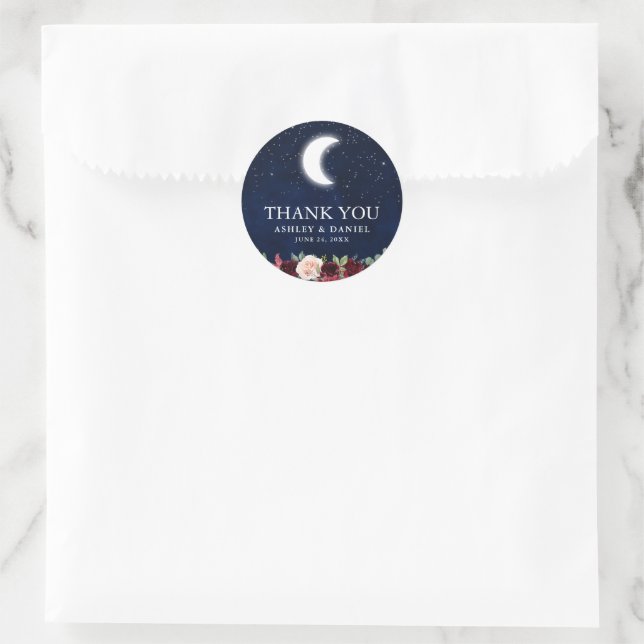 Sticker Rond Étoiles Mariages célestes Lune Merci floral (Sac)