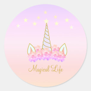 Sticker Rond Étoiles Unicorn Fleurs