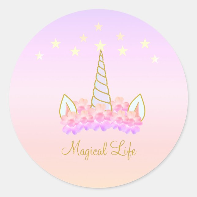 Sticker Rond Étoiles Unicorn Fleurs (Devant)