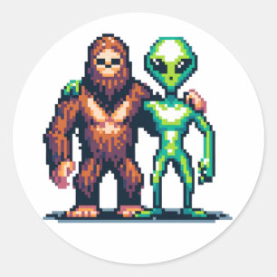 Sticker Rond Être Alien extra-terrestre et art Pixel Bigfoot