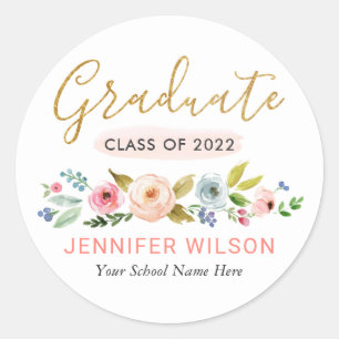Sticker Rond Étudiant Or Script Aquarelle Florale Graduation