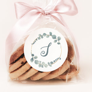 Sticker Rond Éucalyptus Aquarelle Texte Personnalisé Monogramme