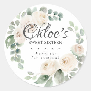 Sticker Rond Eucalyptus Blanc Floral Sweet 16 Merci
