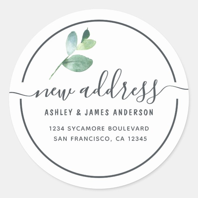 Sticker Rond Eucalyptus Calligraphy New Address Label (Devant)