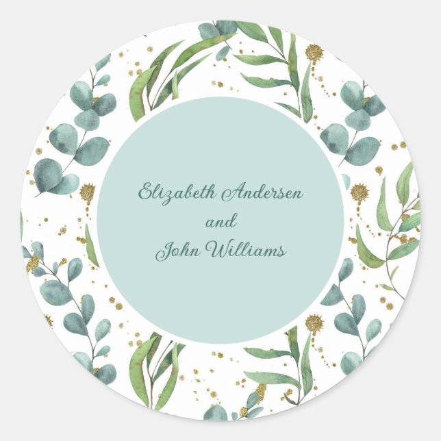 Sticker Rond Eucalyptus Et Mariage Couple Or (Devant)