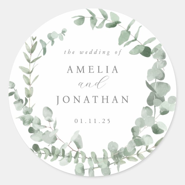 Sticker Rond Eucalyptus Faire-part de mariage aquarelle (Devant)