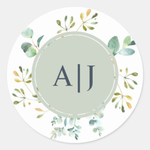 Sticker Rond Eucalyptus Foliage Mariage Botanique Monogramme