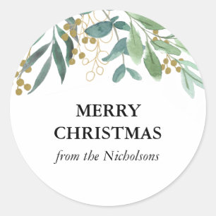 Sticker Rond Eucalyptus Gold Berries Aquarelle Noël