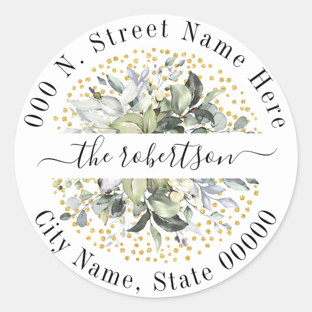 Sticker Rond Eucalyptus Gold Parties scintillant Adresse de ret (Devant)