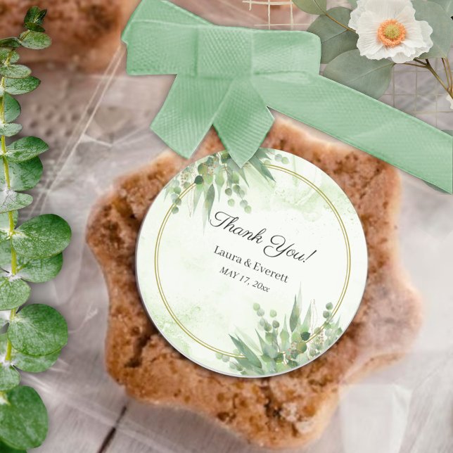 Sticker Rond Eucalyptus Green Gold Foliage Merci (Créateur téléchargé)