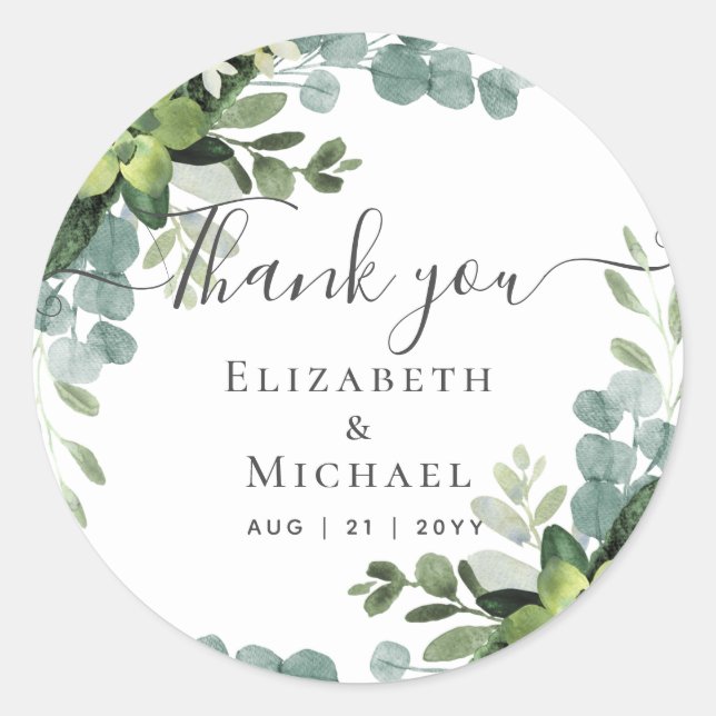Sticker Rond Eucalyptus Mariage - Aquarelle Feuilles de verdure (Devant)
