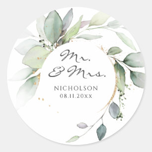 Sticker Rond Eucalyptus moderne vert or M. & Mme