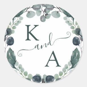 Sticker Rond Eucalyptus Monogram Mariage d'aquarelle