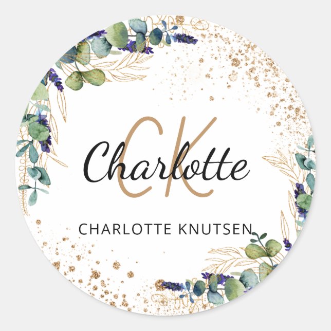 Sticker Rond Eucalyptus parties scintillant de verdure monogram (Devant)