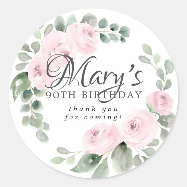 Sticker Rond Eucalyptus rose Floral 90e anniversaire Merci (Devant)