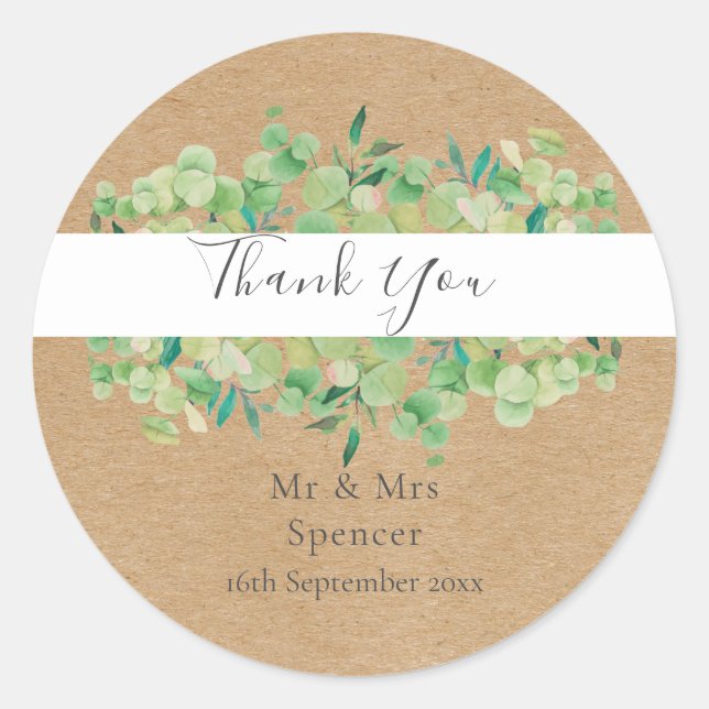 Sticker Rond Eucalyptus Rustique Merci Mariage vert Favoriser (Devant)