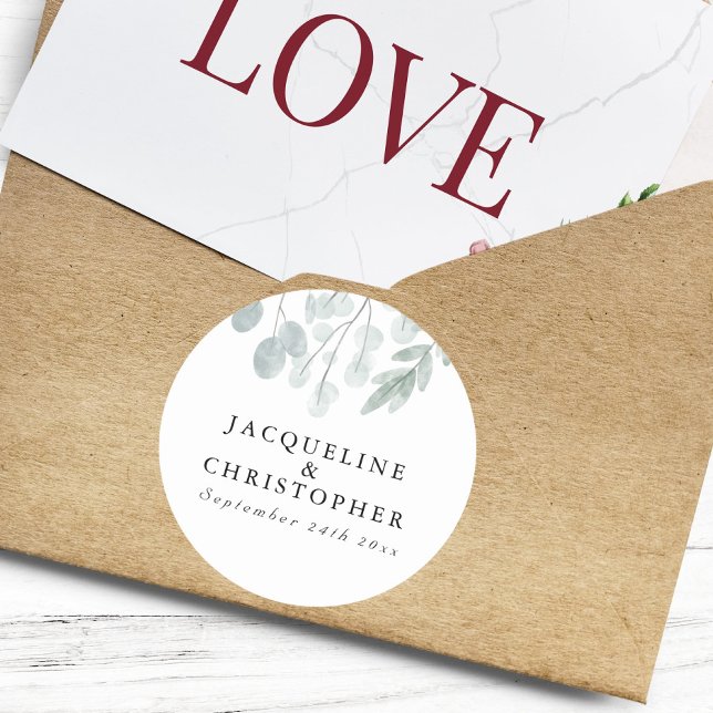 Sticker Rond Eucalyptus rustique Simple Mariage d'aquarelle flo (Créateur téléchargé)