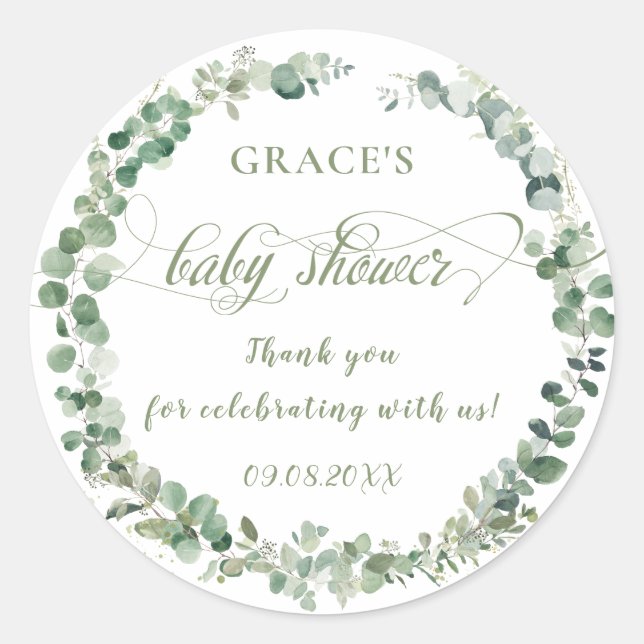 Sticker Rond Eucalyptus verdure Baby shower neutre genre (Devant)