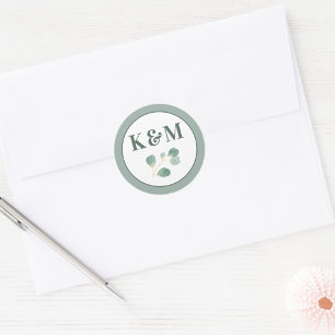 Sticker Rond Eucalyptus Verdure Élégant Monogramme De Mariage