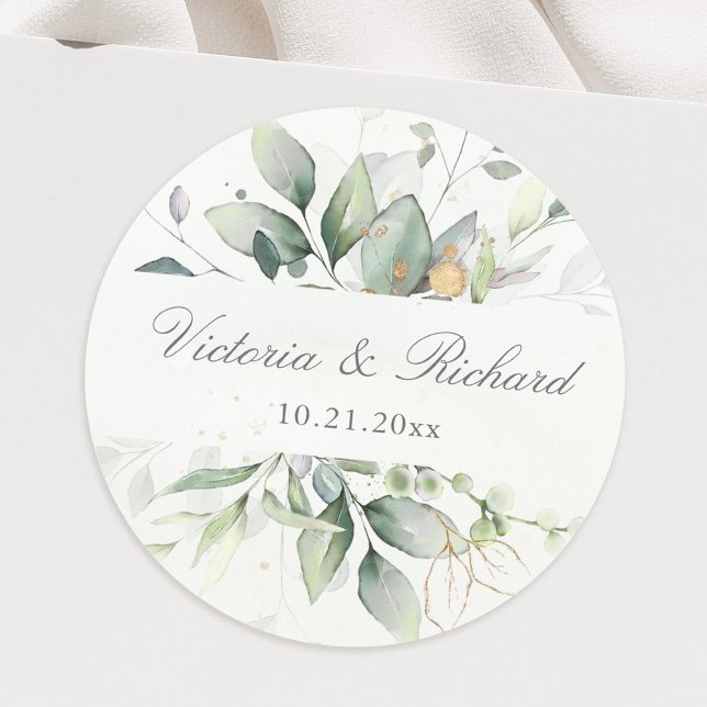 Sticker Rond Eucalyptus Verdure Or Feuilles Élégant (Créateur téléchargé)