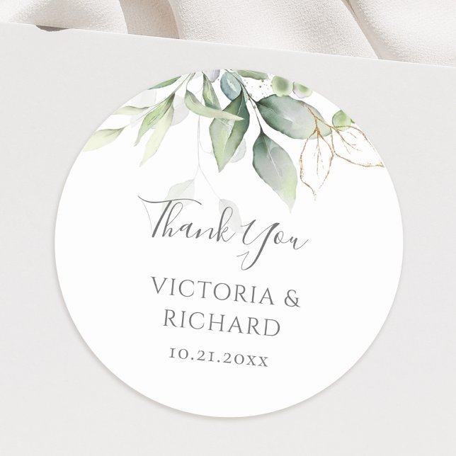 Sticker Rond Eucalyptus Verdure Or Feuilles mariage élégant (Créateur téléchargé)