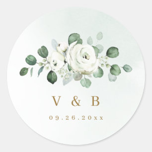 Sticker Rond Eucalyptus Vert blanc floral rustique monogramme
