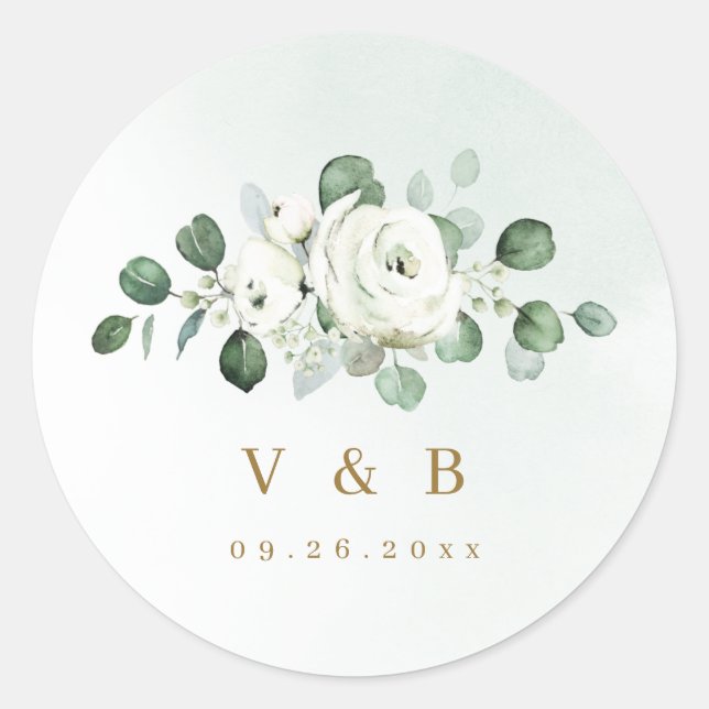 Sticker Rond Eucalyptus Vert blanc floral rustique monogramme (Devant)