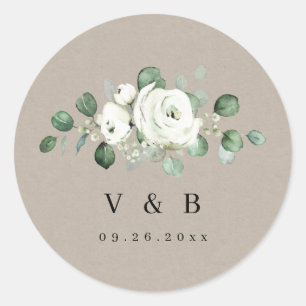Sticker Rond Eucalyptus Vert blanc floral rustique monogramme