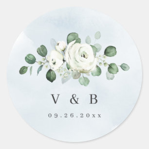 Sticker Rond Eucalyptus Vert blanc floral rustique monogramme