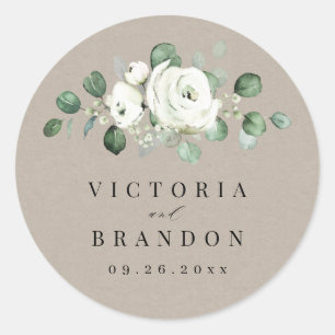 Sticker Rond Eucalyptus Vert blanc floral rustique monogramme