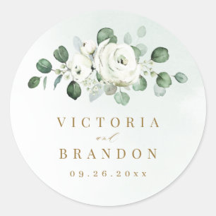 Sticker Rond Eucalyptus Vert blanc floral rustique monogramme