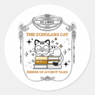 Sticker Rond Ex Libris Chat Scolaire Dark Academia Vintage Book