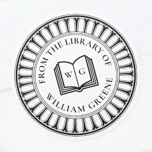 Sticker Rond Ex Libris Classique Monogramme Livre Ouvert