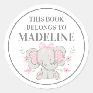Sticker Rond Ex-libris éléphant gris rose mignon à pois