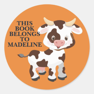 Sticker Rond Ex-libris enfant orange vache mignonne