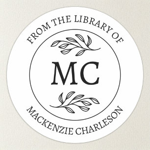 Sticker Rond Ex-libris personnalisé avec monogramme de biblioth