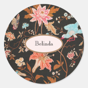 Sticker Rond Exotic Asian Birds And Flowers Embroidery